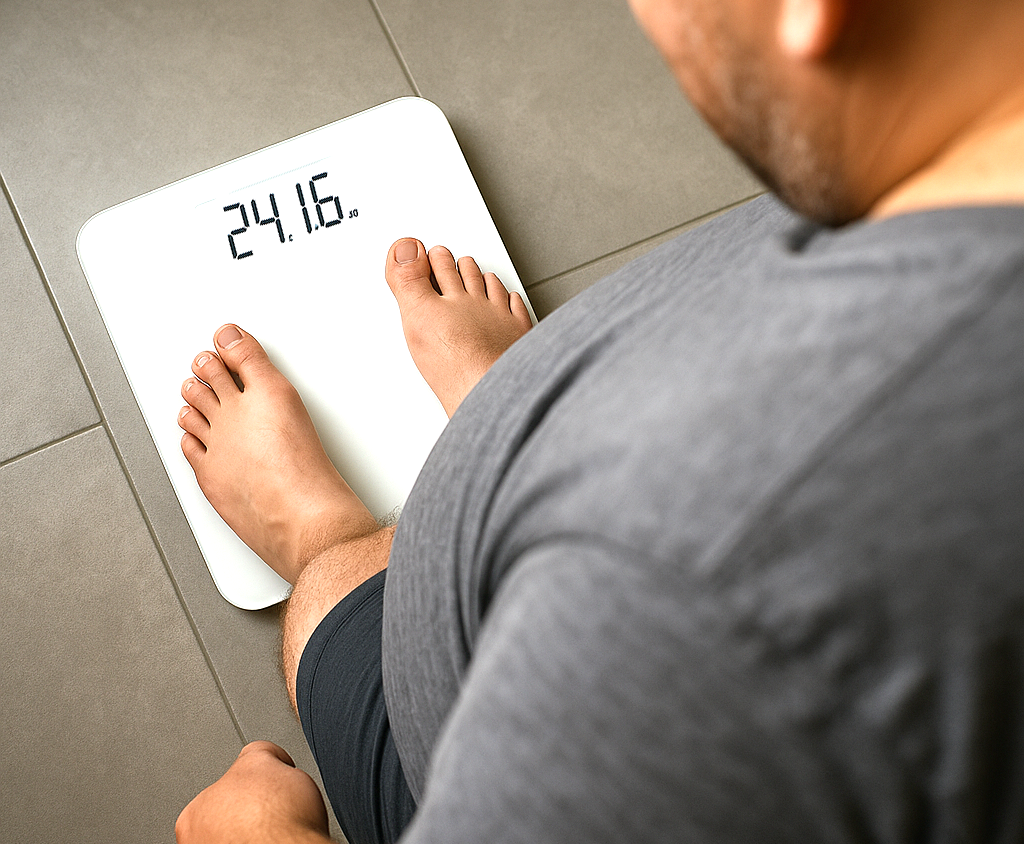 Overweight man looking down at a digital scale reading 241.6 pounds, captured POV perspective.