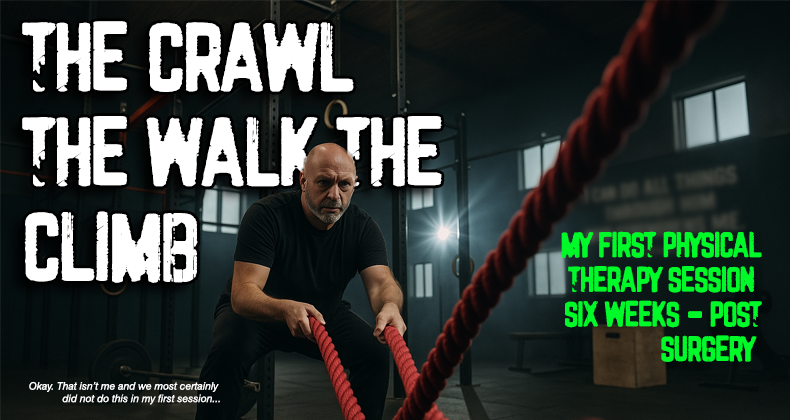 Bald middle-aged man gripping red battle ropes in a gym, under text that reads “The Crawl, The Walk, The Climb.” Represents first physical therapy session after back surgery. #paulmckee2