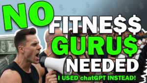 A smiling man at a laptop with a friendly robot assistant, while a chaotic crowd of fitness guru salespeople shout behind a giant “NO FITNE$$ GURU$ NEEDED” headline.