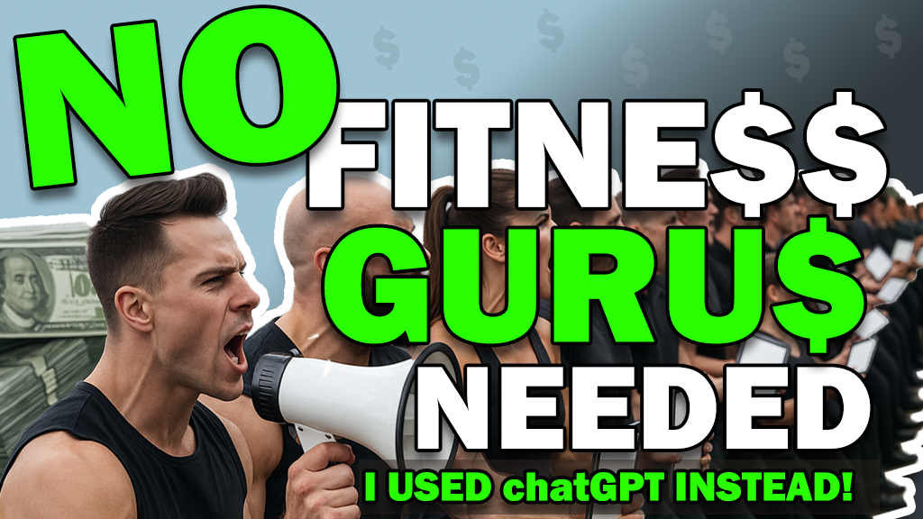 A smiling man at a laptop with a friendly robot assistant, while a chaotic crowd of fitness guru salespeople shout behind a giant “NO FITNE$$ GURU$ NEEDED” headline.