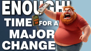 Cartoon-style 3D man angrily throwing a broken bathroom scale out of a window. The top half of the scale reads "241," while the shattered digital half says "LOSE WEIGHT NOW." A trash can below is filled with fast food and diet books