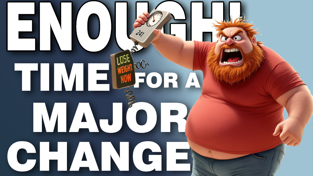 Cartoon-style 3D man angrily throwing a broken bathroom scale out of a window. The top half of the scale reads "241," while the shattered digital half says "LOSE WEIGHT NOW." A trash can below is filled with fast food and diet books