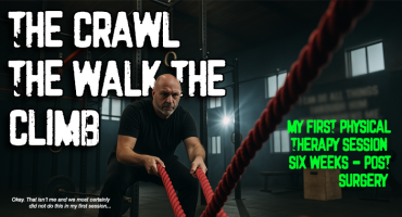 Bald middle-aged man gripping red battle ropes in a gym, under text that reads “The Crawl, The Walk, The Climb.” Represents first physical therapy session after back surgery. #paulmckee2