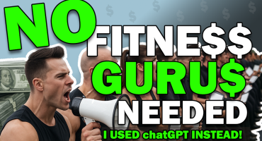 A smiling man at a laptop with a friendly robot assistant, while a chaotic crowd of fitness guru salespeople shout behind a giant “NO FITNE$$ GURU$ NEEDED” headline.