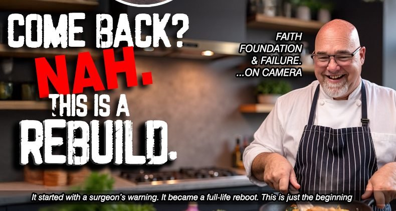 Paul McKee (TwoPaulie) in a striped apron smiling while cooking in a modern kitchen, with bold text overlay: “Come Back? Nah. This is a Rebuild